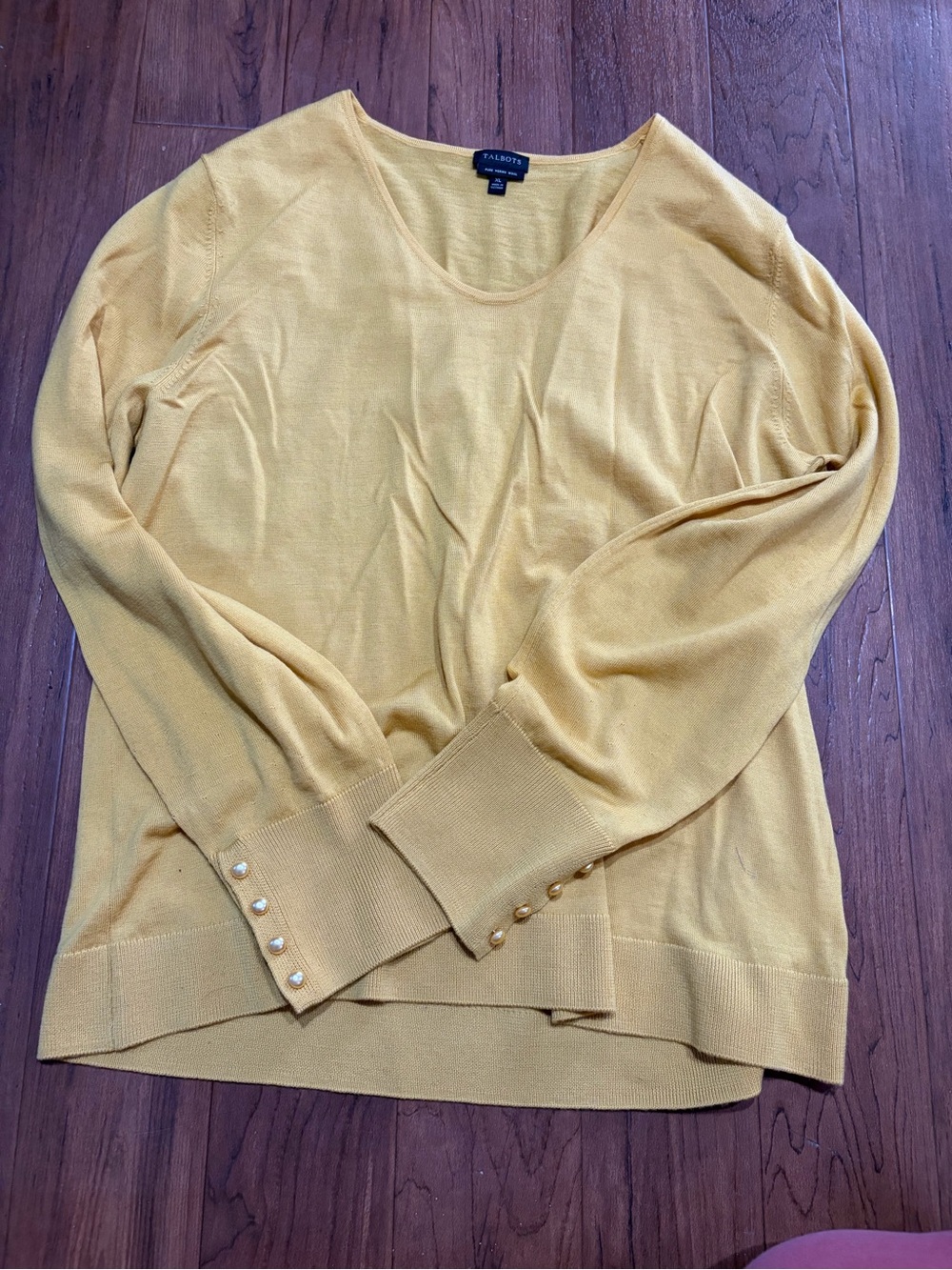 Talbots Mustard Crewneck Sweater with Pearl Cuff Buttons